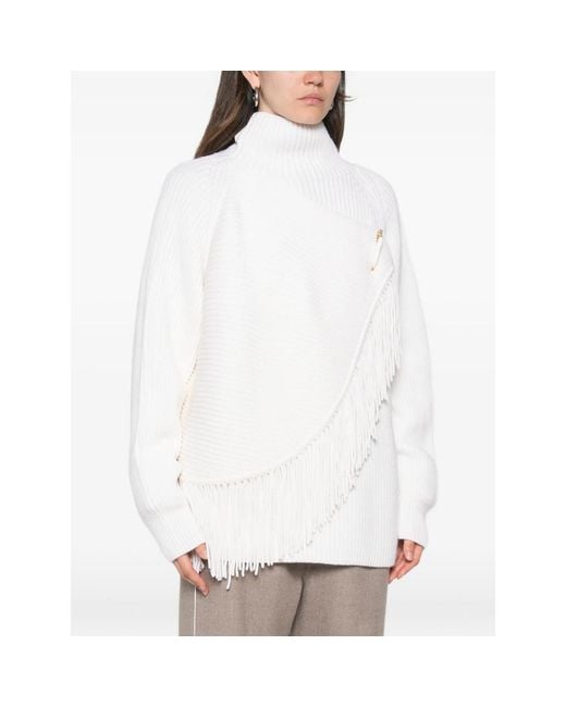 Carven White Fringed High-Neck Knit