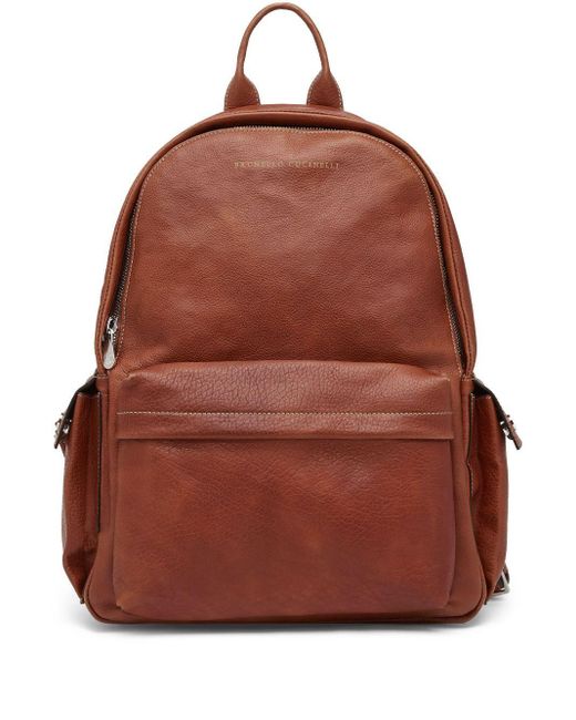 Brunello Cucinelli Brown Logo-Stamp Leather Backpack for men