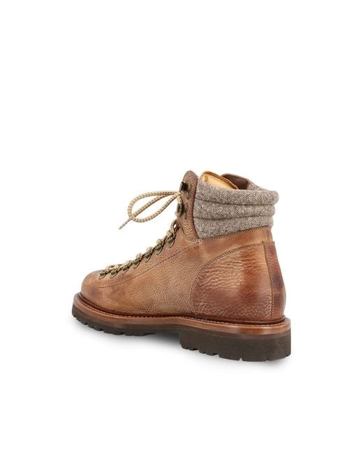 Brunello Cucinelli Brown Grained Calfskin Mountain-Style Boots With Wool And Cashmere Insert for men