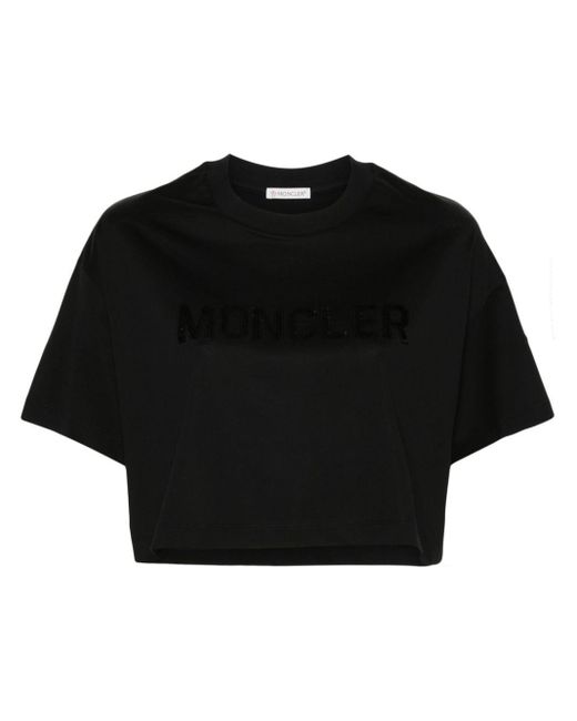 Moncler Black Sequin-Logo Cropped T-Shirt