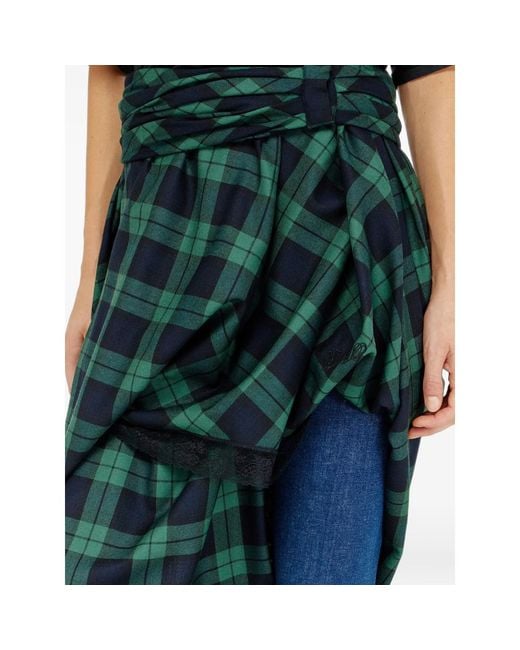 DIESEL Green Draped Tartan Midi Skirt With Lace-Trim