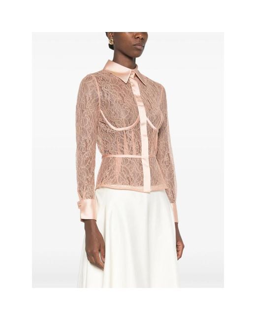 Elisabetta Franchi Pink Lace-Panelled Satin-Trim Shirt