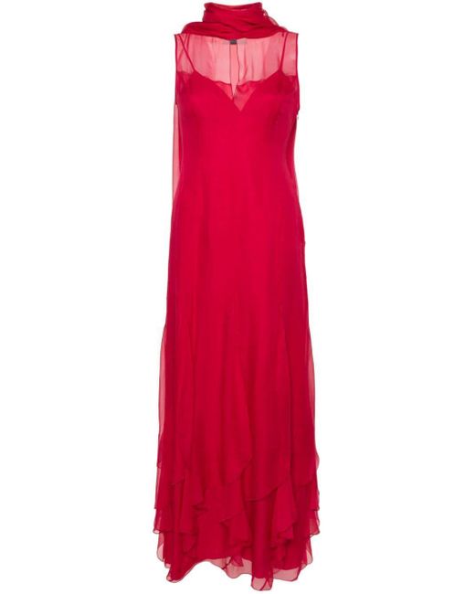 Alberta Ferretti Red Cape-Sash Chiffon Dress