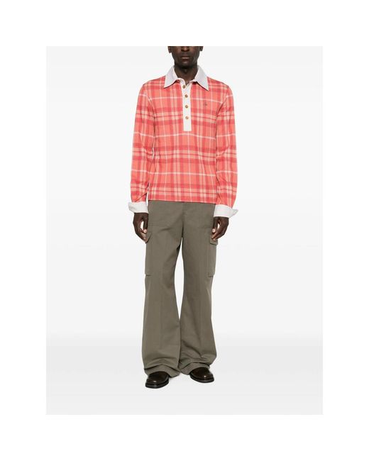 Vivienne Westwood Red Check-Pattern Long-Sleeve Polo Shirt for men