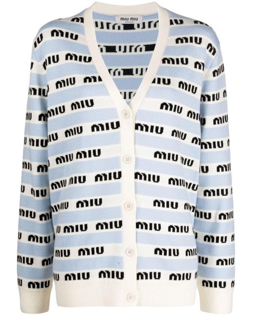 Miu Miu White Logo-print V-neck Cardigan