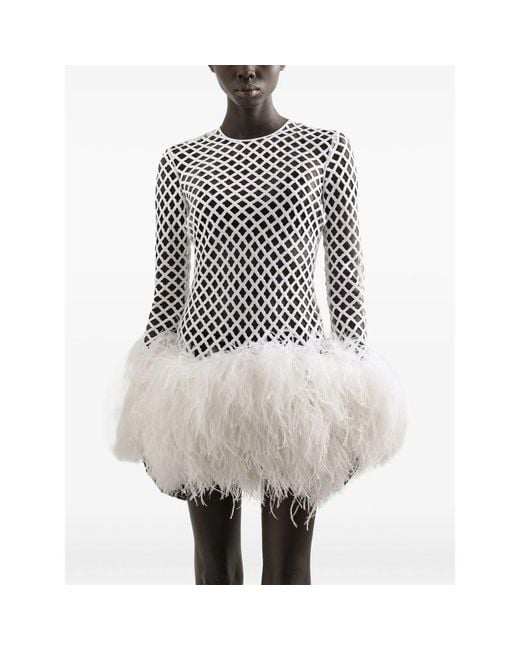 Dolce & Gabbana White Mesh Feather-Trim Mini Dress