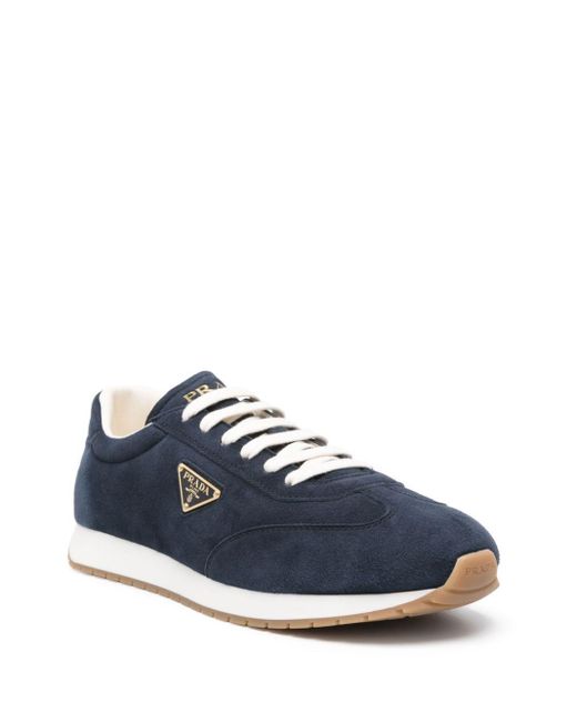 Prada Blue Triangle-Logo Suede Sneakers for men