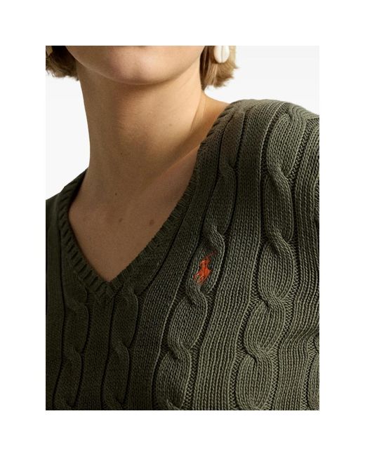 Ralph Lauren Green Cable-Knit V-Neck Sweater