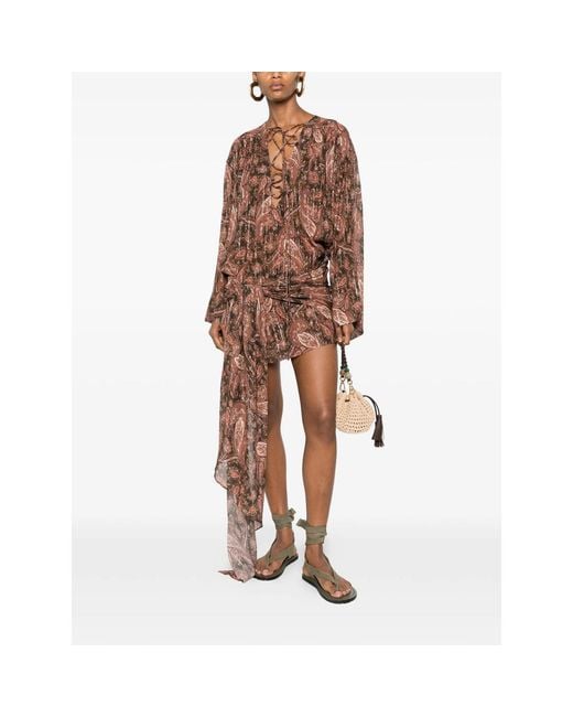 ANDAMANE Brown Indira Paisley-Print Lace-Fastening Mini Dress