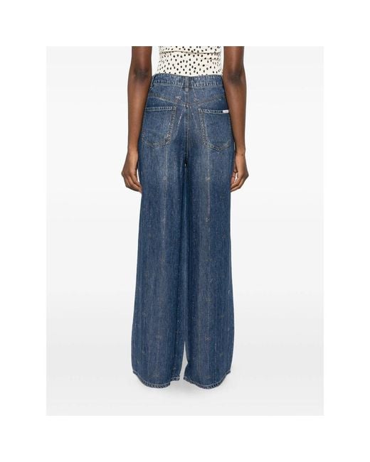 Self-Portrait Blue Rhinestone-Embellished Wide-Leg Jeans