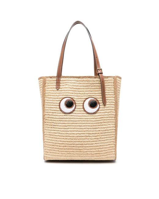Anya Hindmarch Natural Raffia Leather Tote Bag With Eye Patch Motif