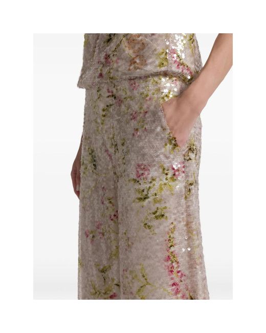 Alberta Ferretti Natural Sequin Floral Trousers