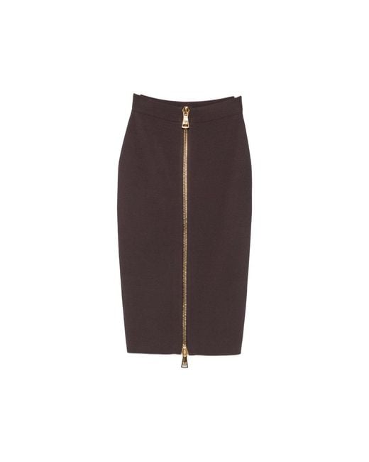 Elisabetta Franchi Brown Front-Zip Pencil Midi Skirt