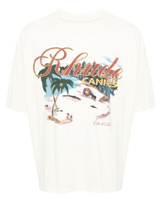 Rhude White Cannes Beach-Print Cotton T-Shirt for men