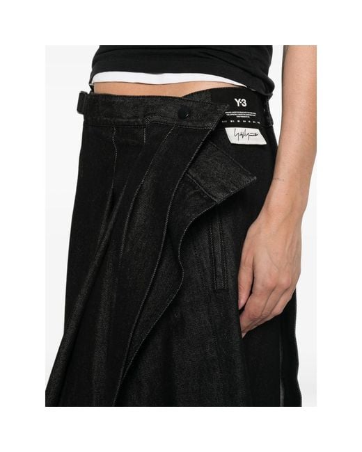 Y-3 Black Asymmetric Pleated Midi Skirt