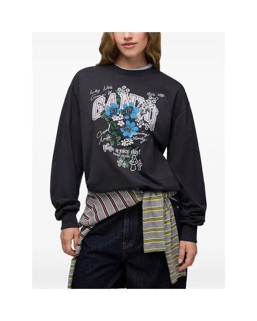 Ganni Blue Floral-Print Long-Sleeve T-Shirt
