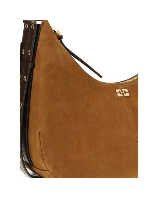 Ganni Brown Logo-Plaque Suede Shoulder Bag