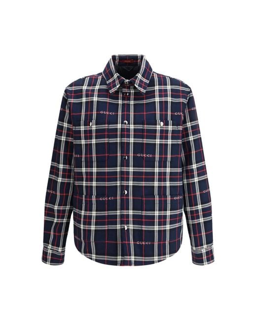 Gucci Blue Tartan Logo Overshirt for men