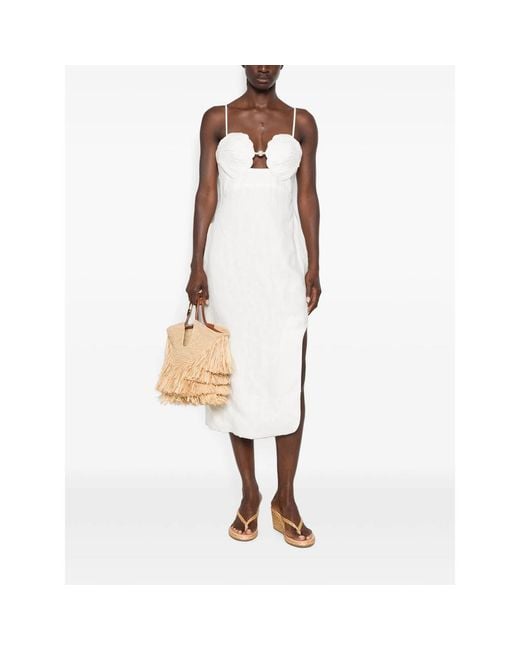 Farm Rio White Shell-Detail Bodice Pearl Midi Dress