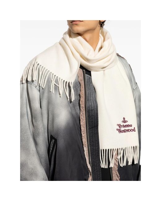 Vivienne Westwood White Embroidered-Logo Fringed Scarf for men