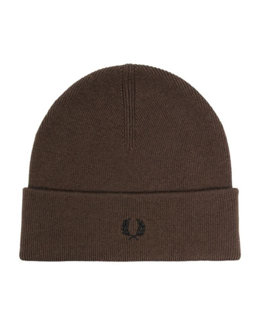 Fred Perry Brown Logo-Embroidered Turn Up-Brim Beanie for men