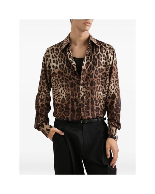Dolce & Gabbana Brown Silk Leopard Print Shirt for men