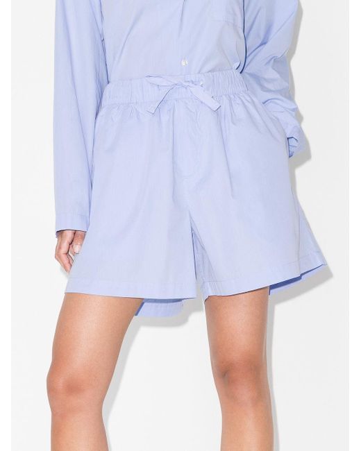 Tekla Blue Drawstring Organic Cotton Pajama Shorts