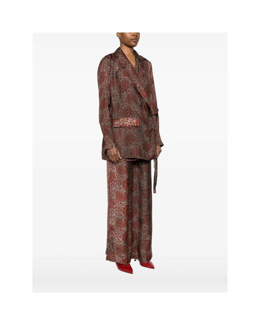 Uma Wang Brown Floral-Print Tie-Fastening Blazer