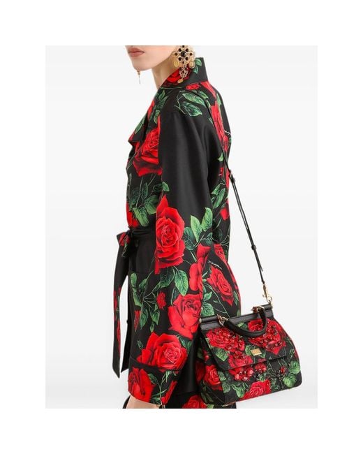Dolce & Gabbana Red Medium Sicily Rose-Print Crystal-Embellished Tote Bag