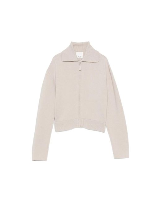Allude White Zip-Up Ribbed-Trim Cardigan