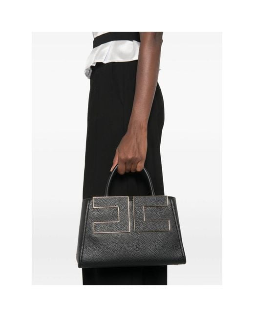 Elisabetta Franchi Black Logo-Plaque Pebbled-Effect Tote Bag