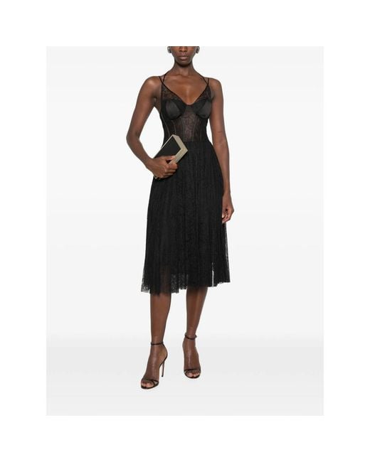 Elisabetta Franchi Black Lace-Panelled Pleated Midi Dress