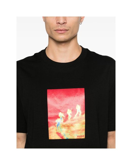 HUGO Black Graphic Print Crew Neck T-Shirt for men