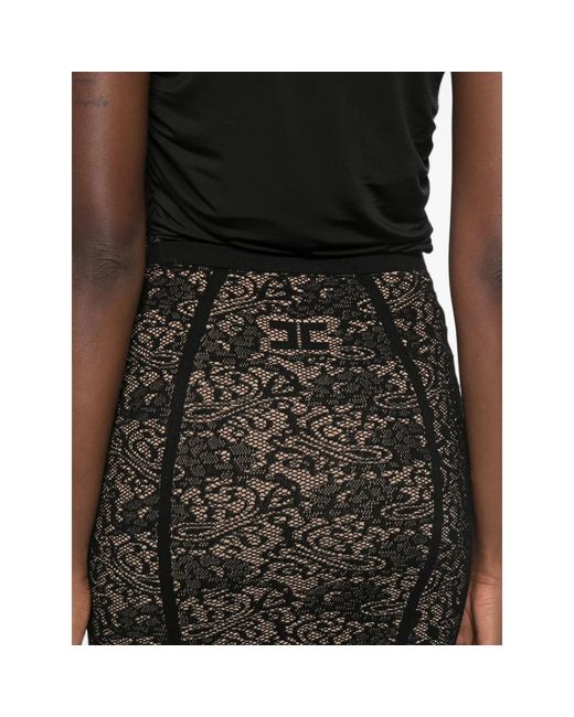 Elisabetta Franchi Black Lace-Pattern Logo-Detail Midi Skirt
