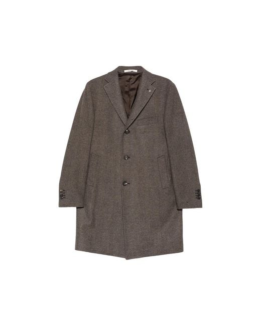 Tagliatore Brown Herringbone-Pattern Single-Breasted Coat for men