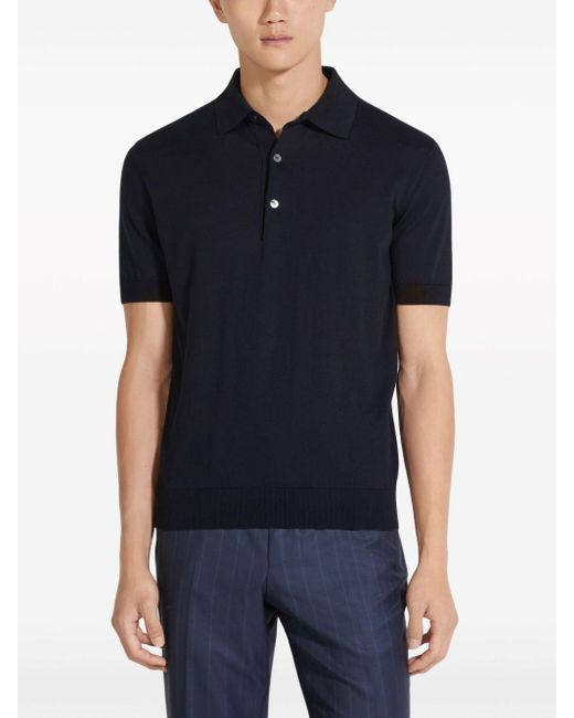 Zegna Blue Ribbed-Trim Cotton Polo Shirt for men