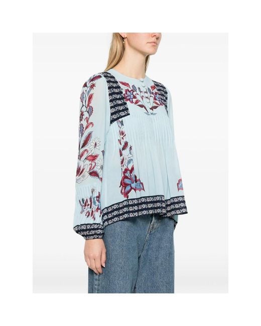 Farm Rio Blue Marcelle Floral-Print Pleated Blouse
