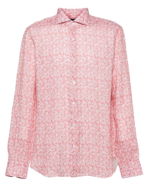 Barba Napoli Pink Floral-Print Linen Shirt for men