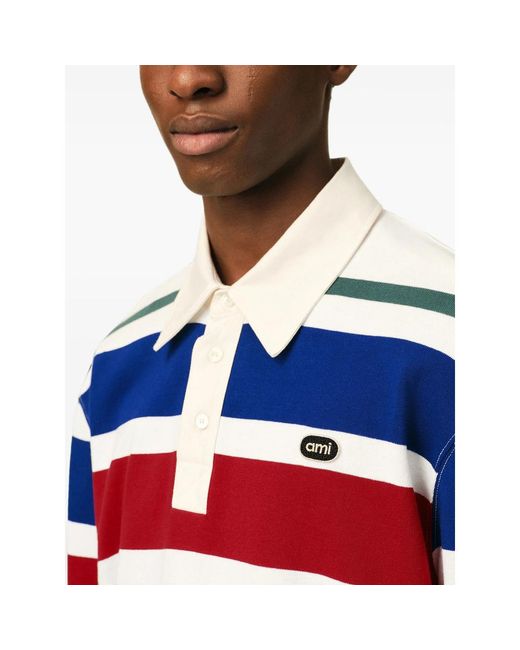 AMI Blue Striped Cotton Polo With Ami Patch for men