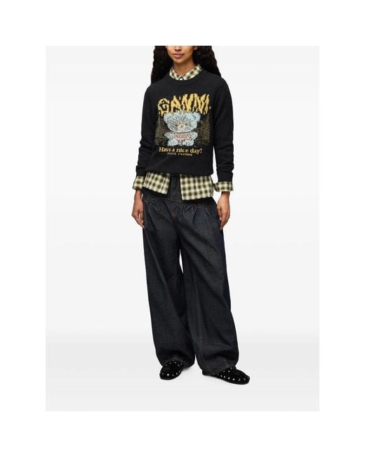 Ganni Black Jumper With Forest Teddy