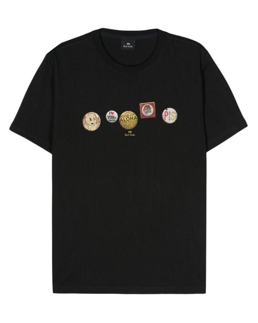 PS by Paul Smith Black Badges-Print Cotton T-Shirt for men