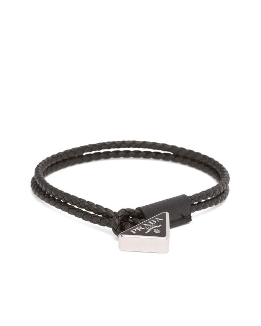 Prada Black Triangle-logo Braided Leather Bracelet for men