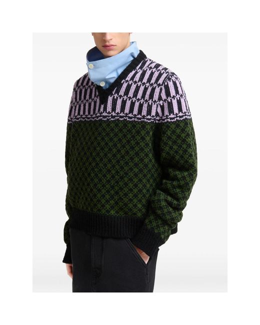 Marni Green Jacquard-Knit Geometric-Motif Sweater for men