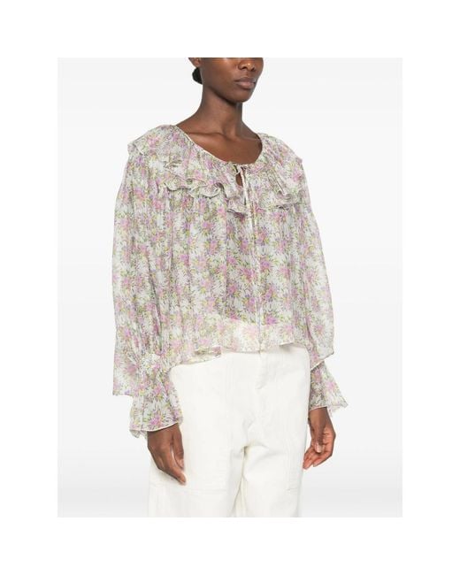 Raquel Diniz Gray Floral-Print Ruffled Blouse