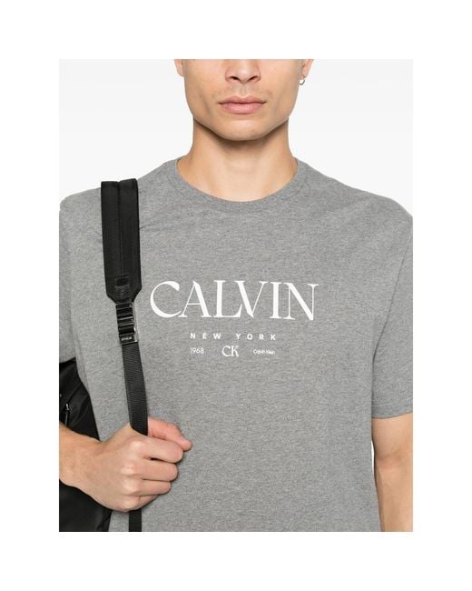 Calvin Klein Gray Logo Print Crew Neck T-Shirt for men