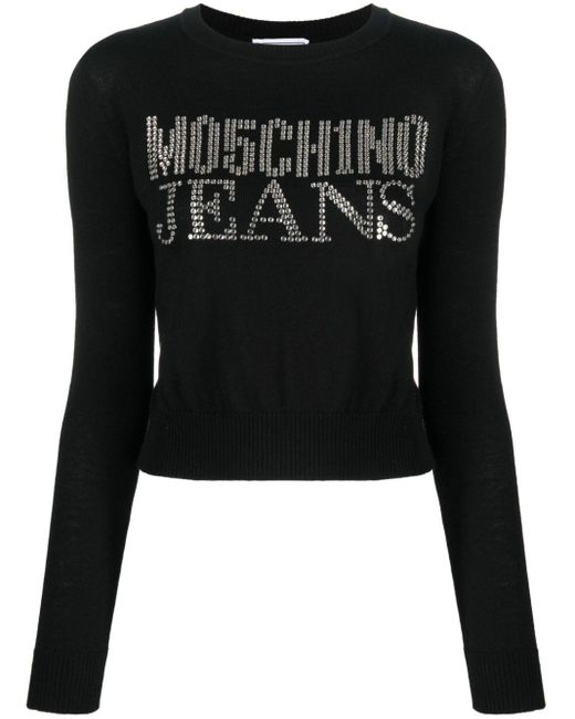Moschino Jeans Black Rhinestone-Embellished Wool-Blend Jumper