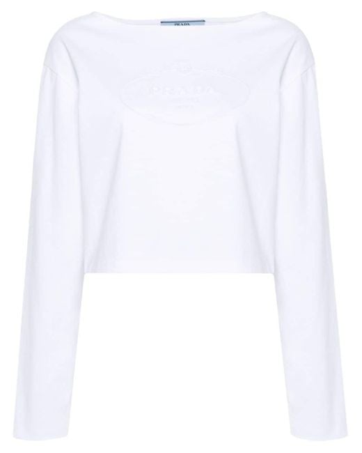 Prada White Logo-Embossed Long-Sleeve T-Shirt