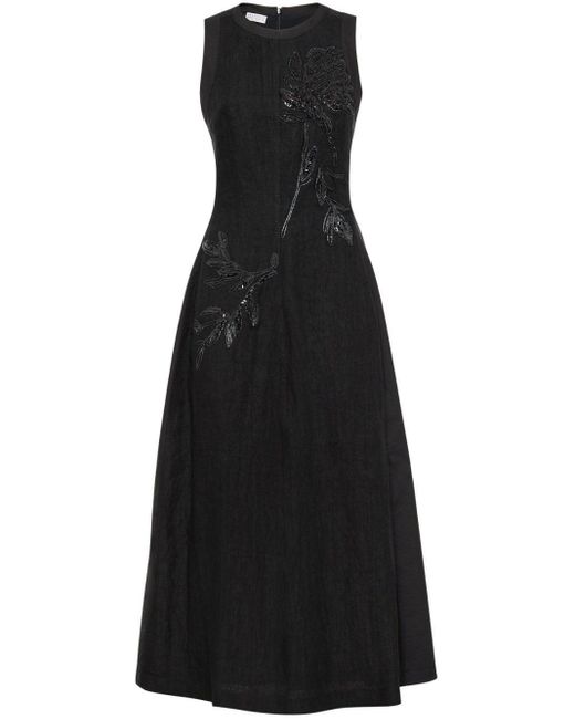 Brunello Cucinelli Black Floral-Embellished Midi Dress
