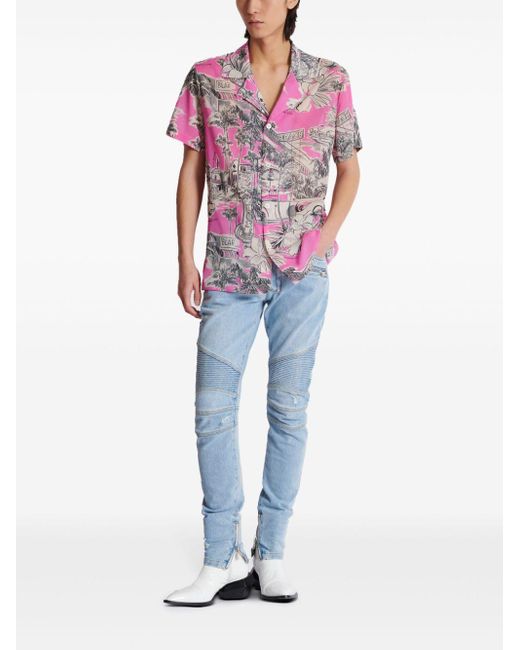 Balmain Pink Miami Print Silk Camp Shirt for men