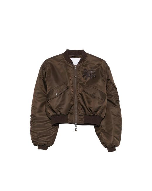 CECILIE BAHNSEN Brown Ruched-Sleeve Cropped Bomber Jacket